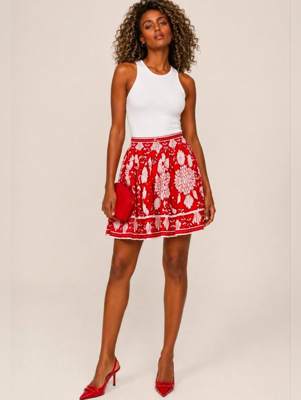 Haute Hippie Red and White Floral Print High Elastic Waist Mini Skirt XS New